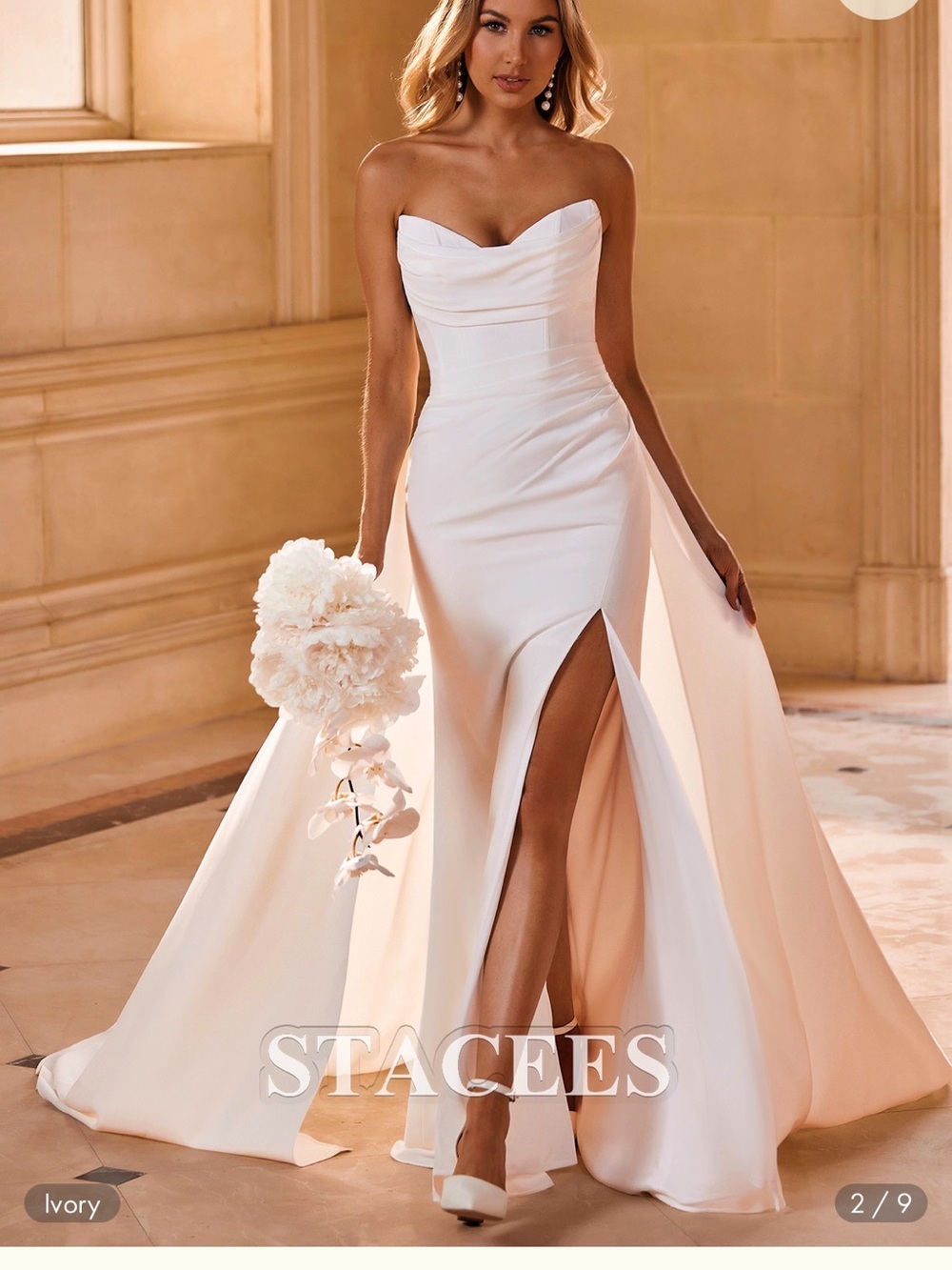 Modern Ivory Strapless Crepe Wedding Dress w/ Slit + Detachable Train - NWT